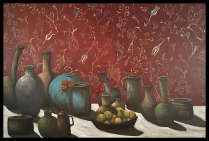 Still Life with Islamic Motif on Red Background